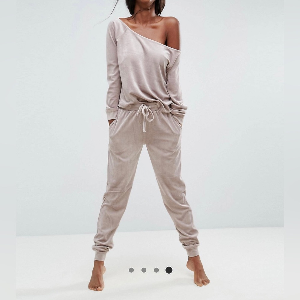 ASOS lounge velvet velour off shoulder sweat and jogger. Size US 6.